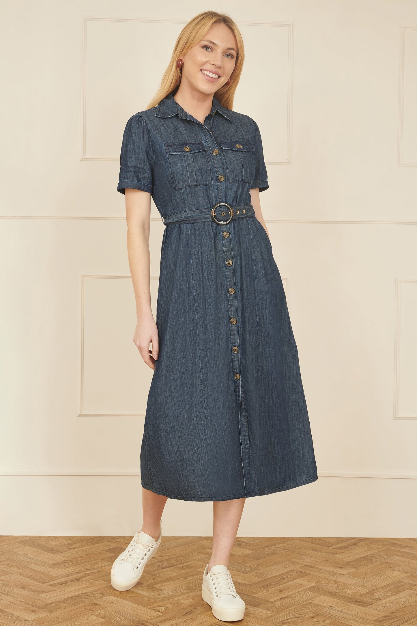 Yumi Blue Chambray Utility Midi Denim Shirt Dress