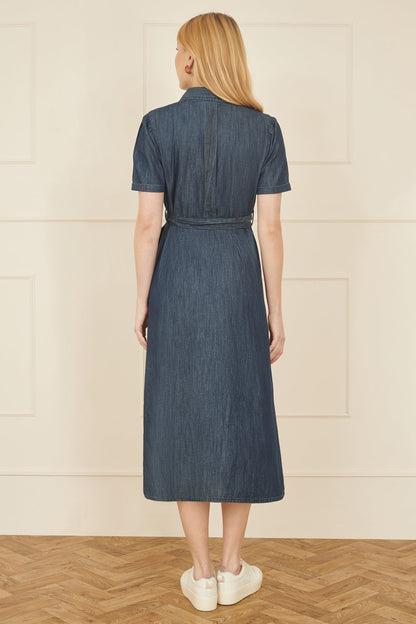 Yumi Blue Chambray Utility Midi Denim Shirt Dress