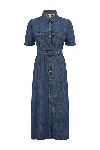 Yumi Blue Chambray Utility Midi Denim Shirt Dress