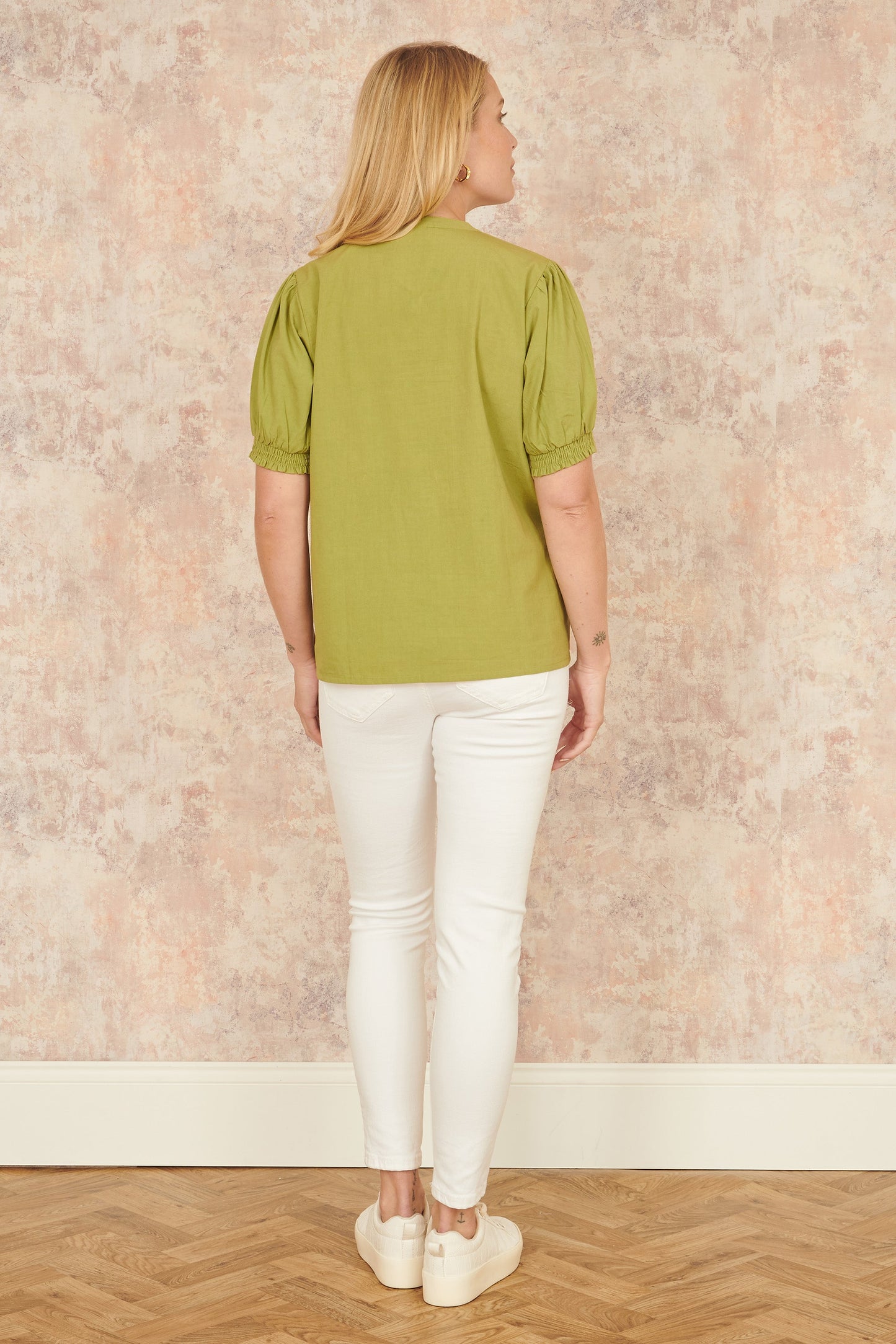 Yumi Green Cotton Pleated short Sleeve Shirt