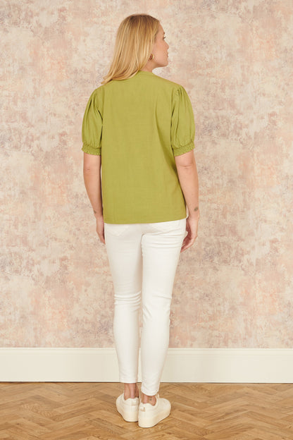 Yumi Green Cotton Pleated short Sleeve Shirt