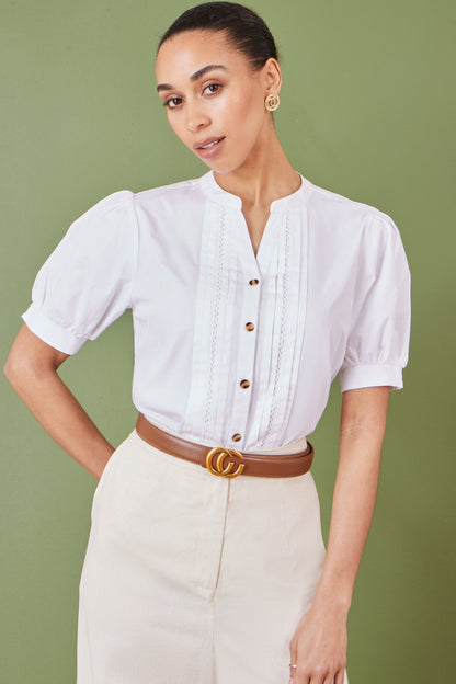 Yumi White Cotton Pleated short Sleeve Shirt