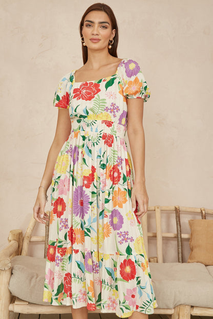 Yumi White Big Floral Midi Dress