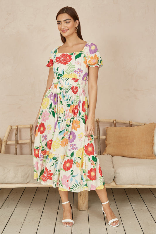 Yumi White Big Floral Midi Dress