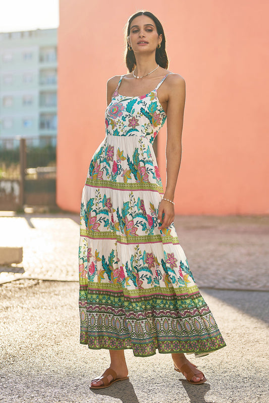 Yumi White Floral Block Print Tiered Maxi Sun Dress