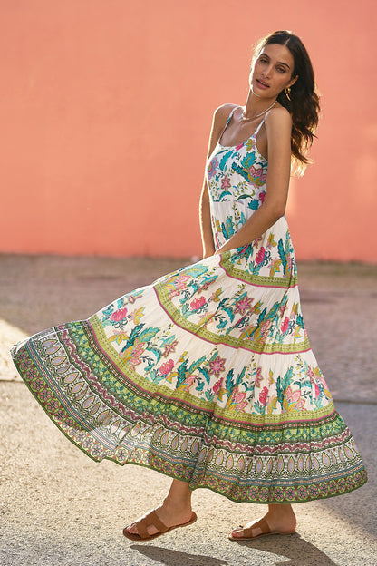 Yumi White Floral Block Print Tiered Maxi Sun Dress