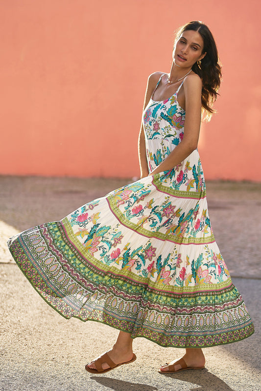 Yumi White Floral Block Print Tiered Maxi Sun Dress