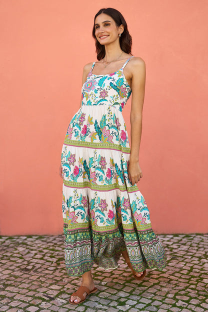Yumi White Floral Block Print Tiered Maxi Sun Dress