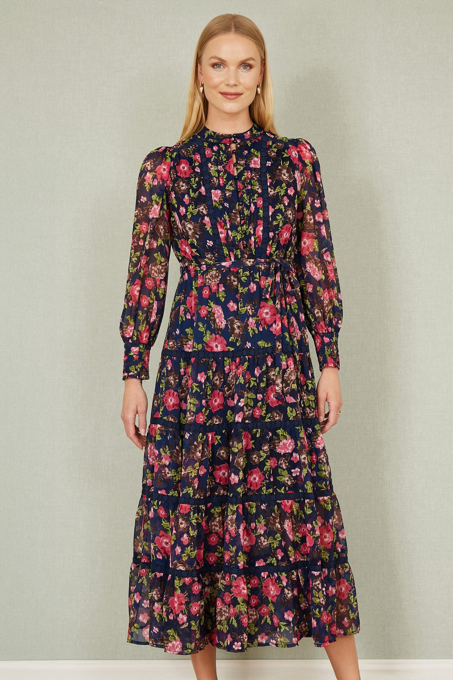 Yumi Navy Blossom Print Maxi Dress With Long Sleeves and Lace Trims