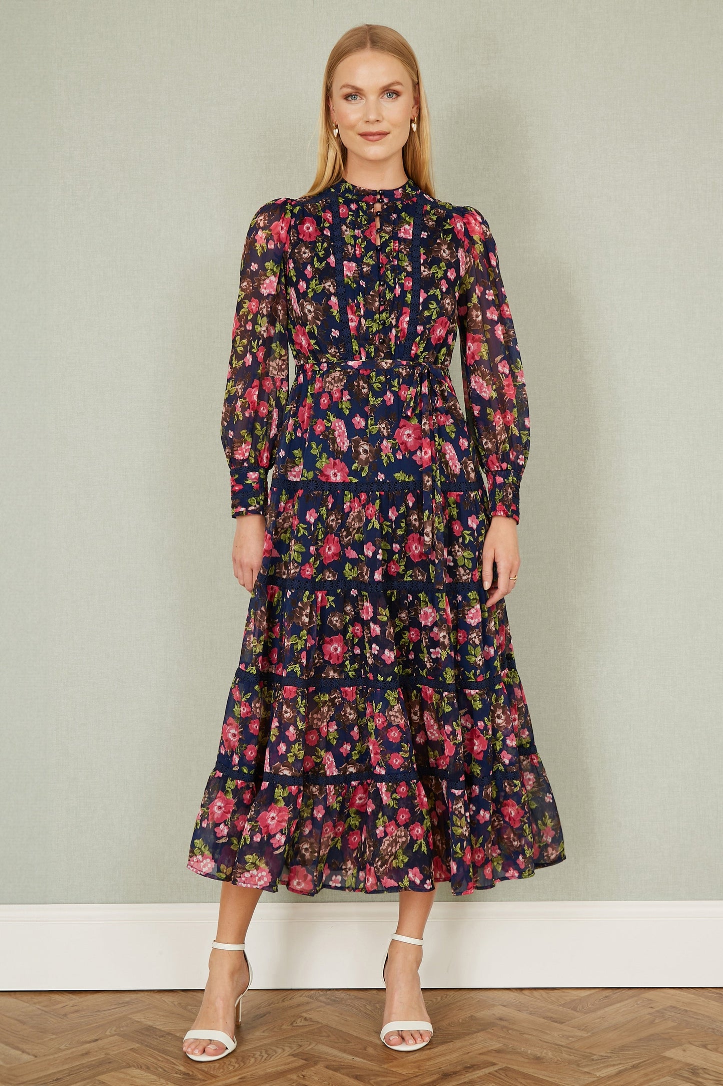 Yumi Navy Blossom Print Maxi Dress With Long Sleeves and Lace Trims