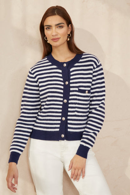 Yumi Navy Stripe Knit Relaxed Fit Cardigan