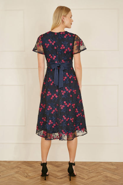 Yumi Navy Embroidered Floral Mesh Wrap Midi Skater Dress