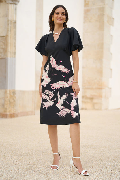 Yumi Black Recycled Fabric Crane Print Kimono Midi Dress