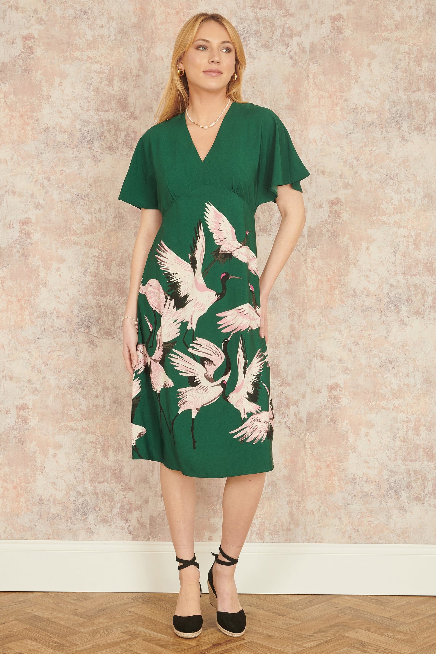 Yumi Green Recycled Fabric Crane Print Kimono Midi Dress