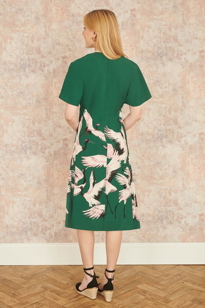 Yumi Green Recycled Fabric Crane Print Kimono Midi Dress