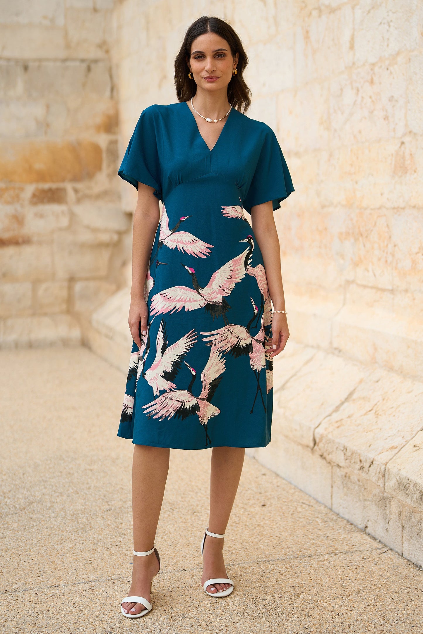 Yumi Teal Recycled Fabric Crane Print Kimono Midi Dress