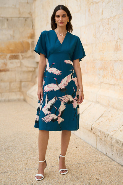 Yumi Teal Recycled Fabric Crane Print Kimono Midi Dress