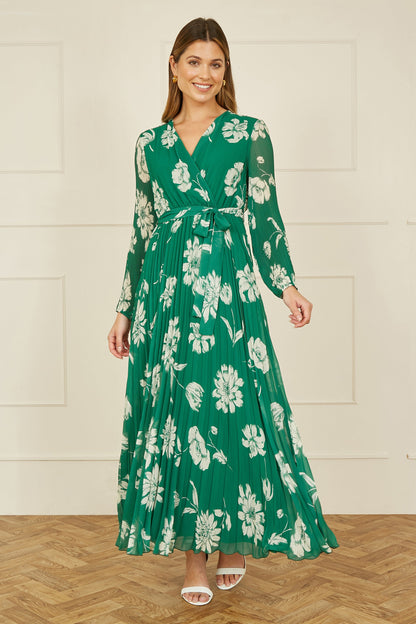 Yumi Green Floral Pleated Midi Wrap Long Sleeve Dress