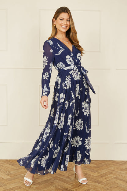 Yumi Navy Floral Pleated Midi Wrap Long Sleeve Dress
