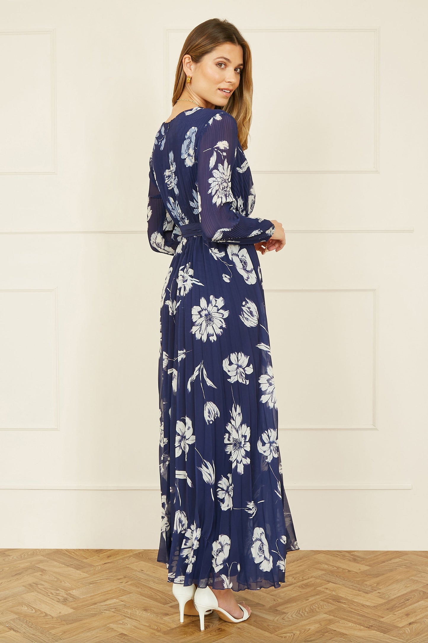 Yumi Navy Floral Pleated Midi Wrap Long Sleeve Dress