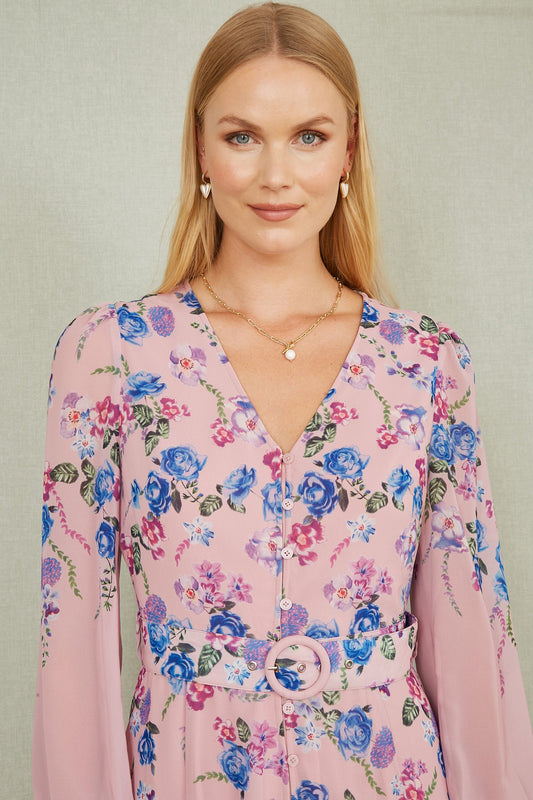 Yumi Pink Floral Placement Button Down Midi Dress With Long Sleeves