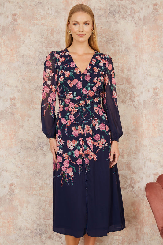 Yumi Navy Button Up  Midi Dress With Floral Placement And Long Sleeves