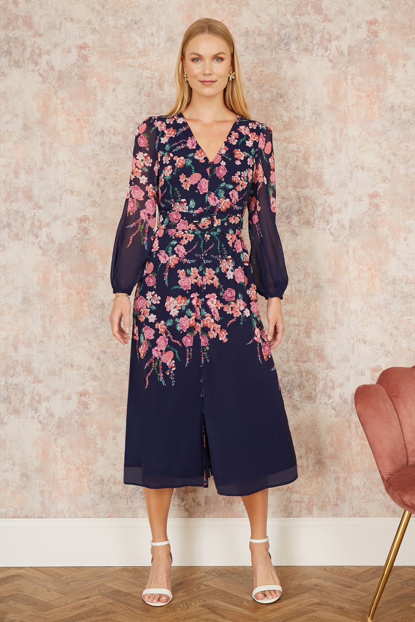 Yumi Navy Button Up  Midi Dress With Floral Placement And Long Sleeves
