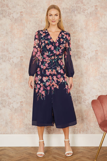 Yumi Navy Button Up  Midi Dress With Floral Placement And Long Sleeves