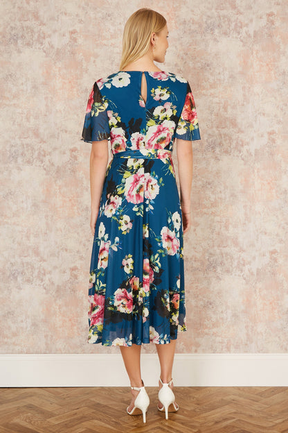 Yumi Green Mesh Floral Midi Dress With Angel Sleeves