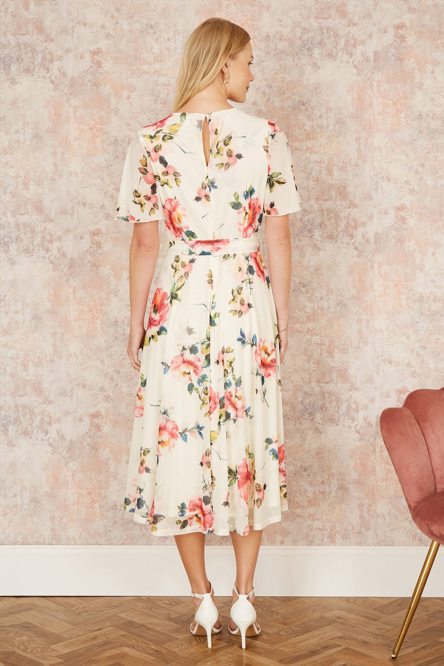 Yumi Ivory Mesh Floral Print Midi Dress With Angel Sleeves