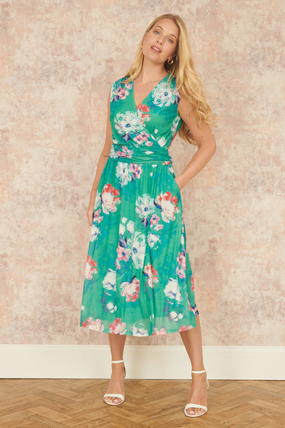 Yumi Green Blossom Print Stretch Mesh Dress With Pockets