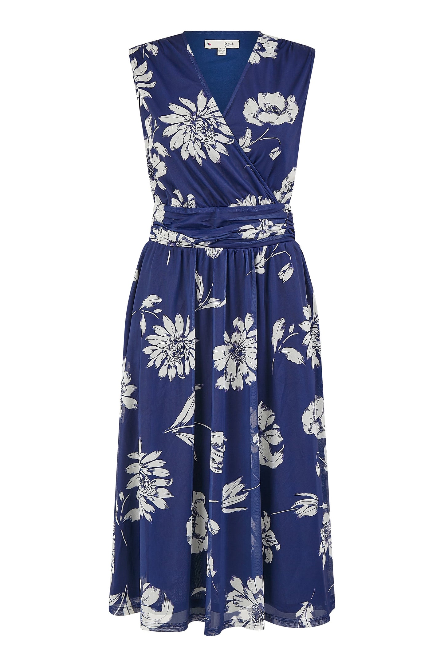 Yumi Navy Floral Print Stretch Mesh Dress With Pockets