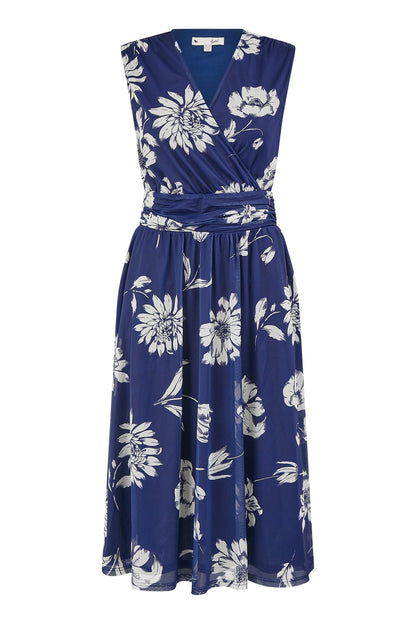 Yumi Navy Floral Print Stretch Mesh Dress With Pockets
