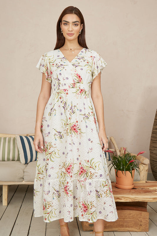 Yumi White Floral Broderie Anglaise Wrap Midi Dress
