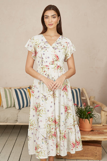 Yumi White Floral Broderie Anglaise Wrap Midi Dress