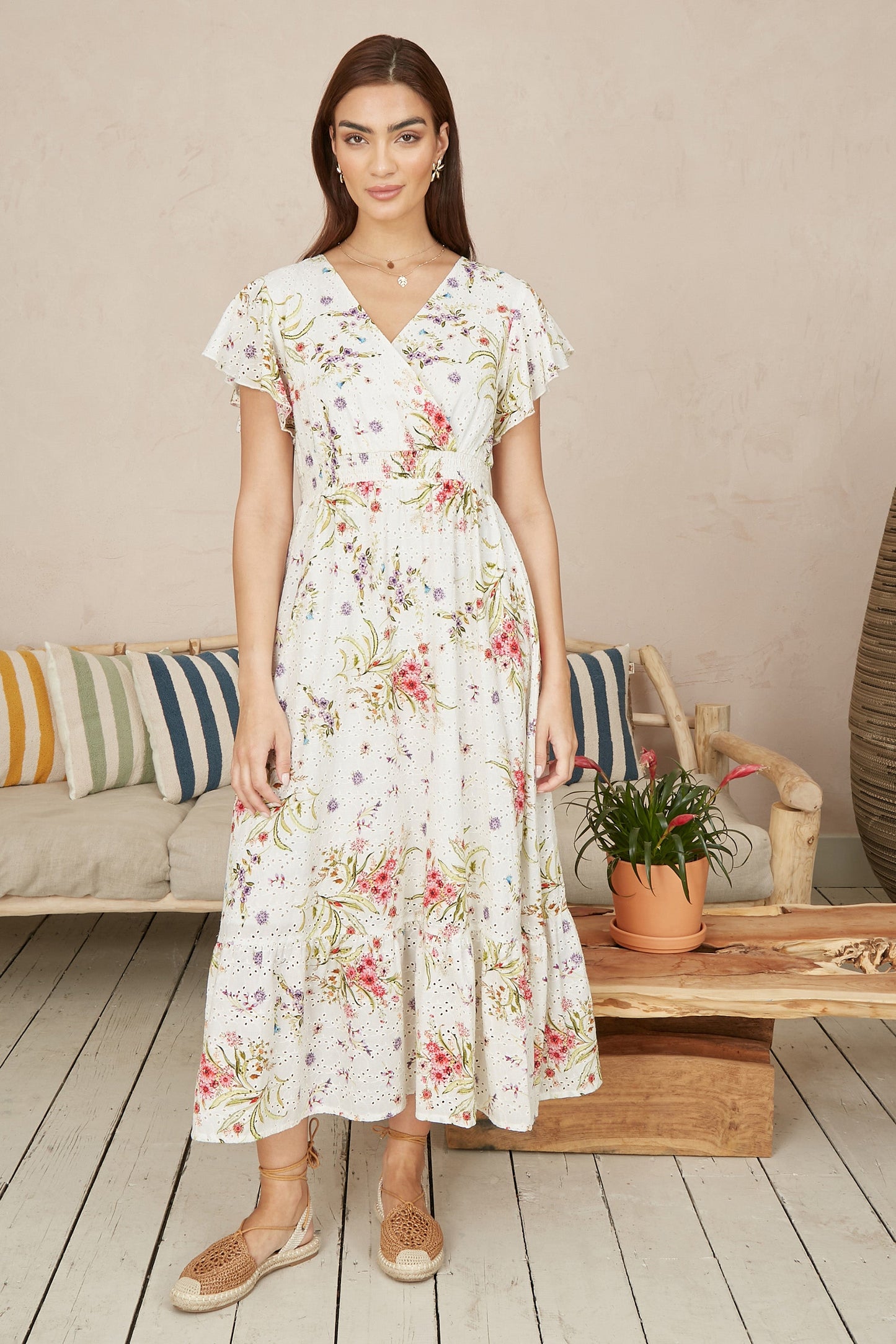 Yumi White Floral Broderie Anglaise Wrap Midi Dress