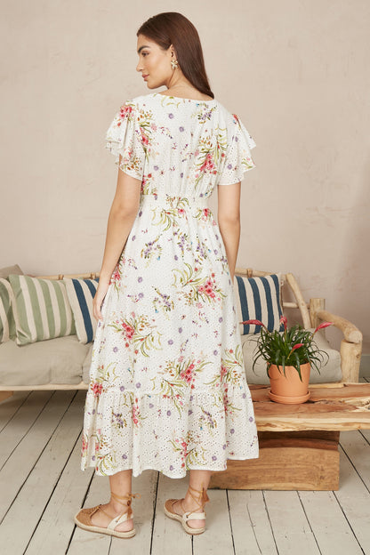 Yumi White Floral Broderie Anglaise Wrap Midi Dress