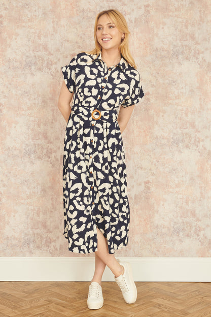 Yumi Navy Abstract Animal Print Relaxed Midi Shirt Dress With Belt