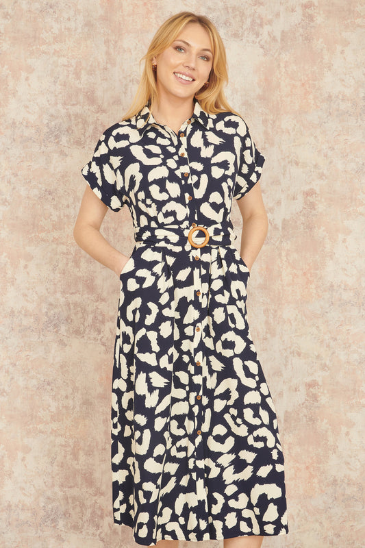 Yumi Navy Abstract Animal Print Relaxed Midi Shirt Dress With Belt