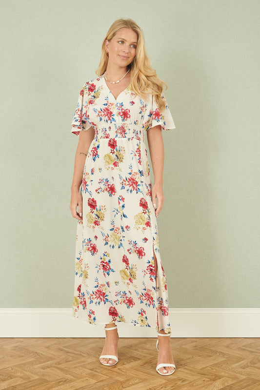 Yumi White Floral Recycled Fabric Ruched Waist Midi Dress