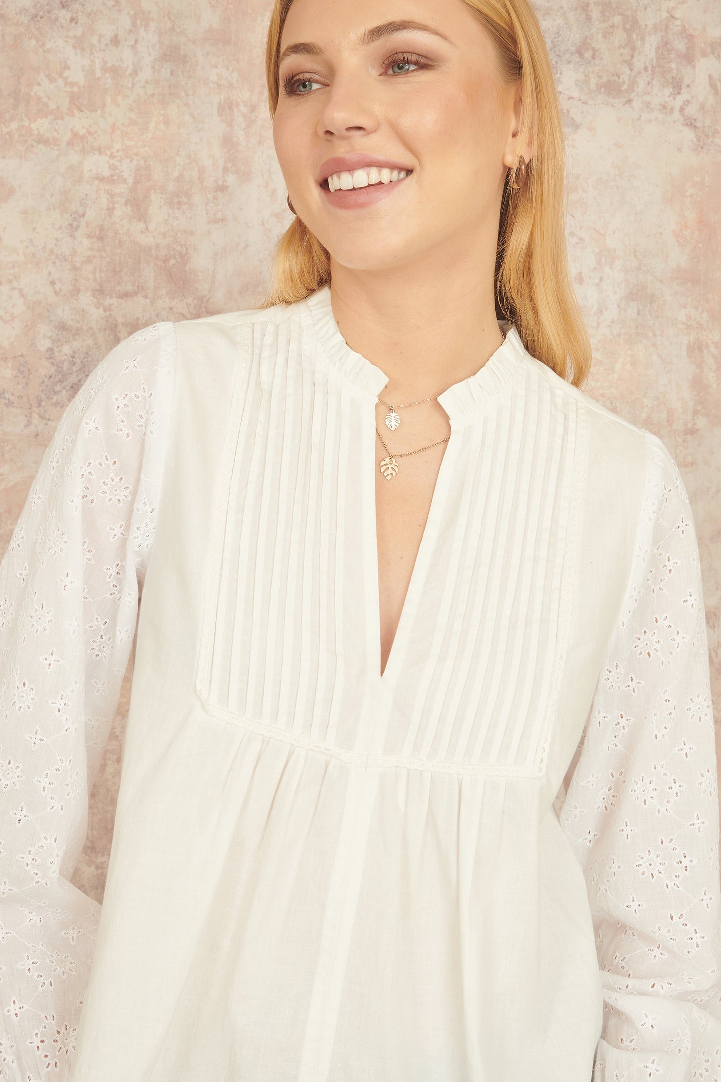 Yumi White Pleated Cotton Bib Shirt