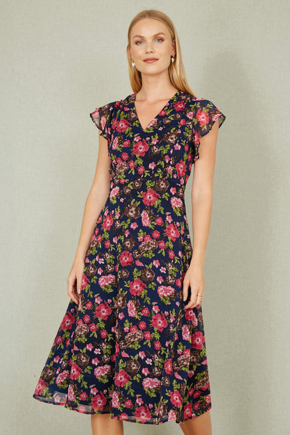 Yumi Navy Floral Midi Skater Dress
