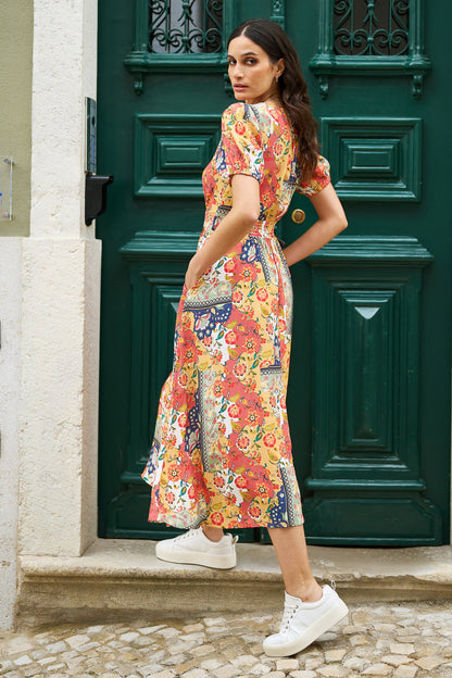 Yumi Multicolour Floral Patchwork Print Midi Shirt Dress