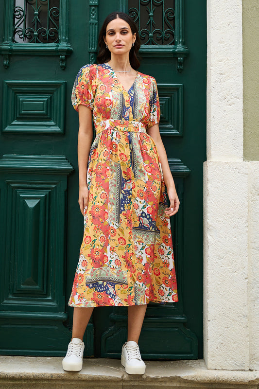 Yumi Multicolour Floral Patchwork Print Midi Shirt Dress