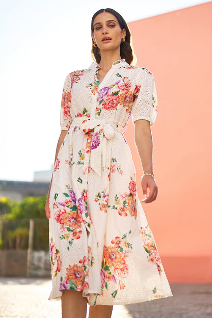 Yumi White Floral Cotton Broderie Anglaise Skater Dress