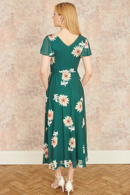 Yumi Green Mesh Flower Wrap Midi Dress With Pockets