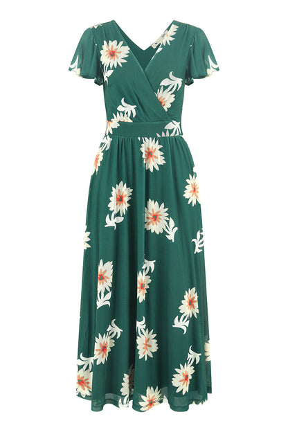 Yumi Green Mesh Flower Wrap Midi Dress With Pockets