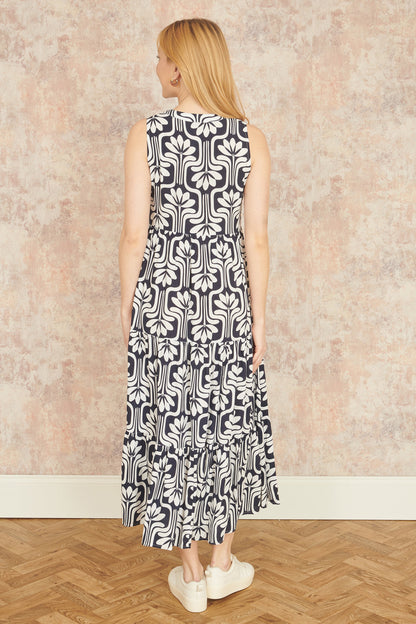 Yumi Navy Retro Print Relaxed Midi Dress
