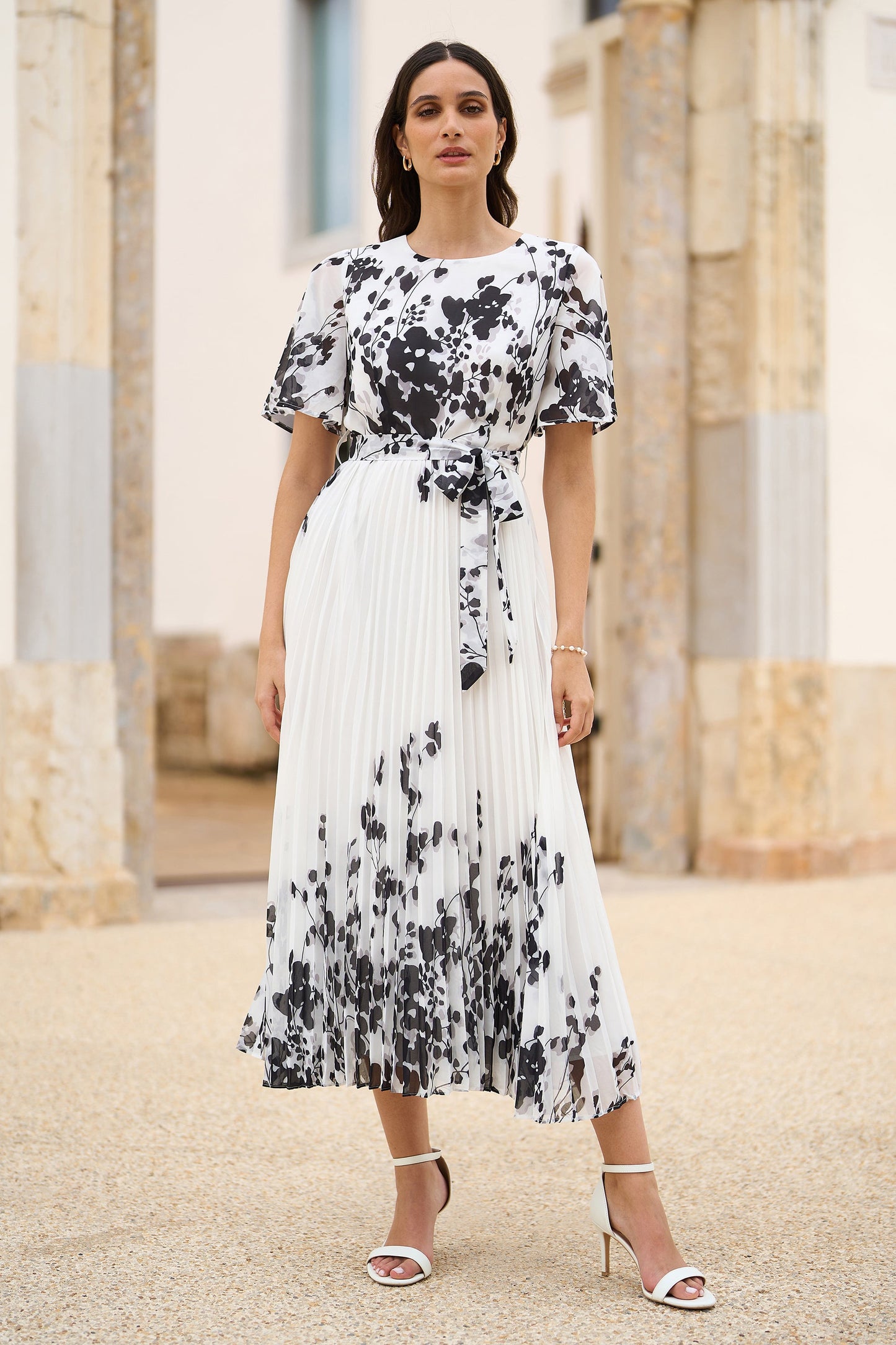 Yumi White Mirror Floral Design Pleated Midi Dress