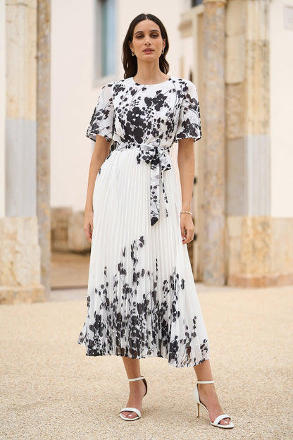 Yumi White Mirror Floral Design Pleated Midi Dress